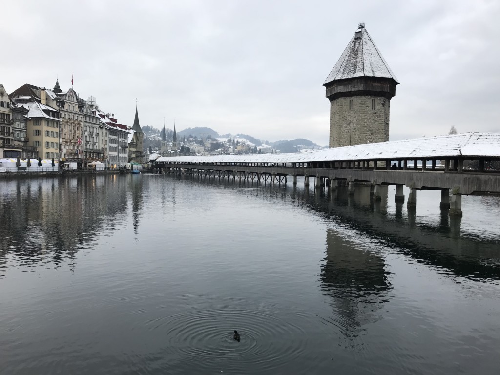 lucerne bridge Kapellbrücke in the snow