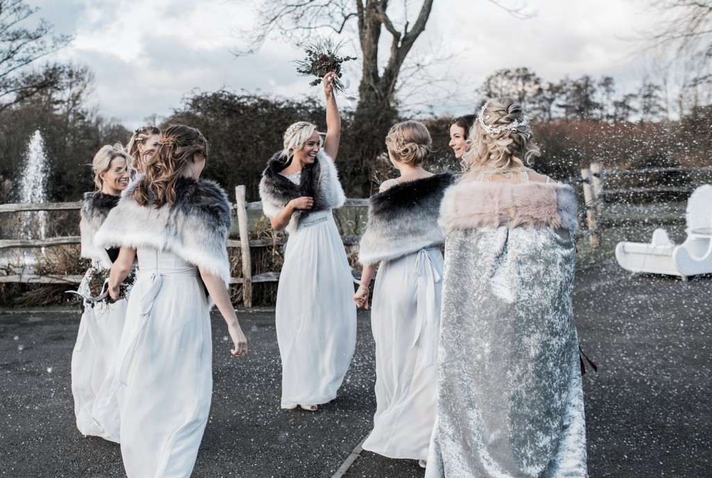 bridesmaid dresses grey pale soft fur stoles winter wedding