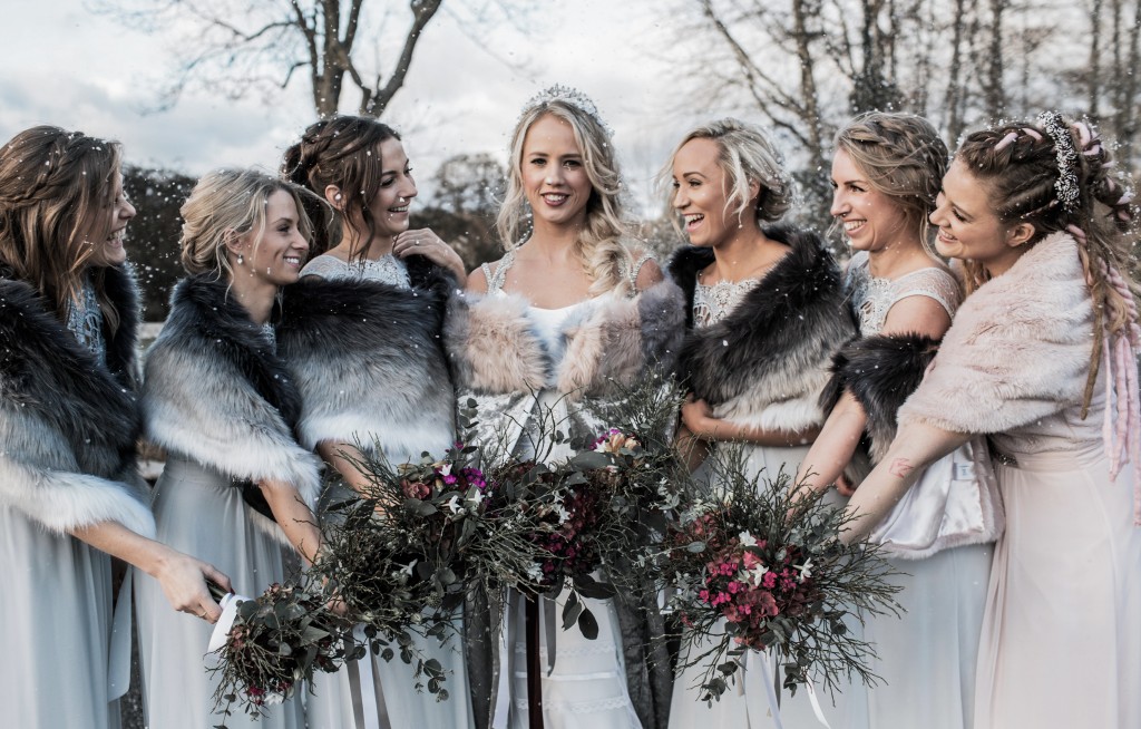 bridesmaid dresses grey pale soft fur stoles winter wedding