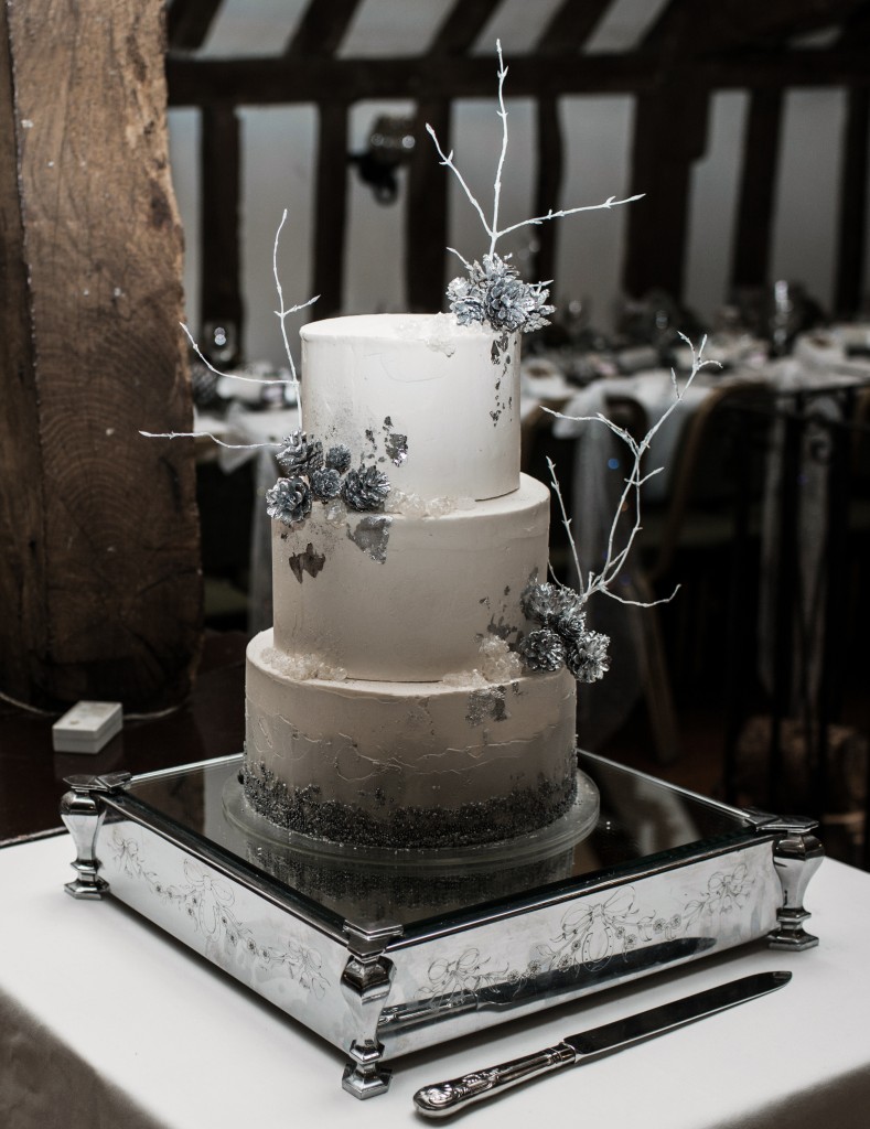 winter wedding cake silver sparkles rustic pine cones twigs
